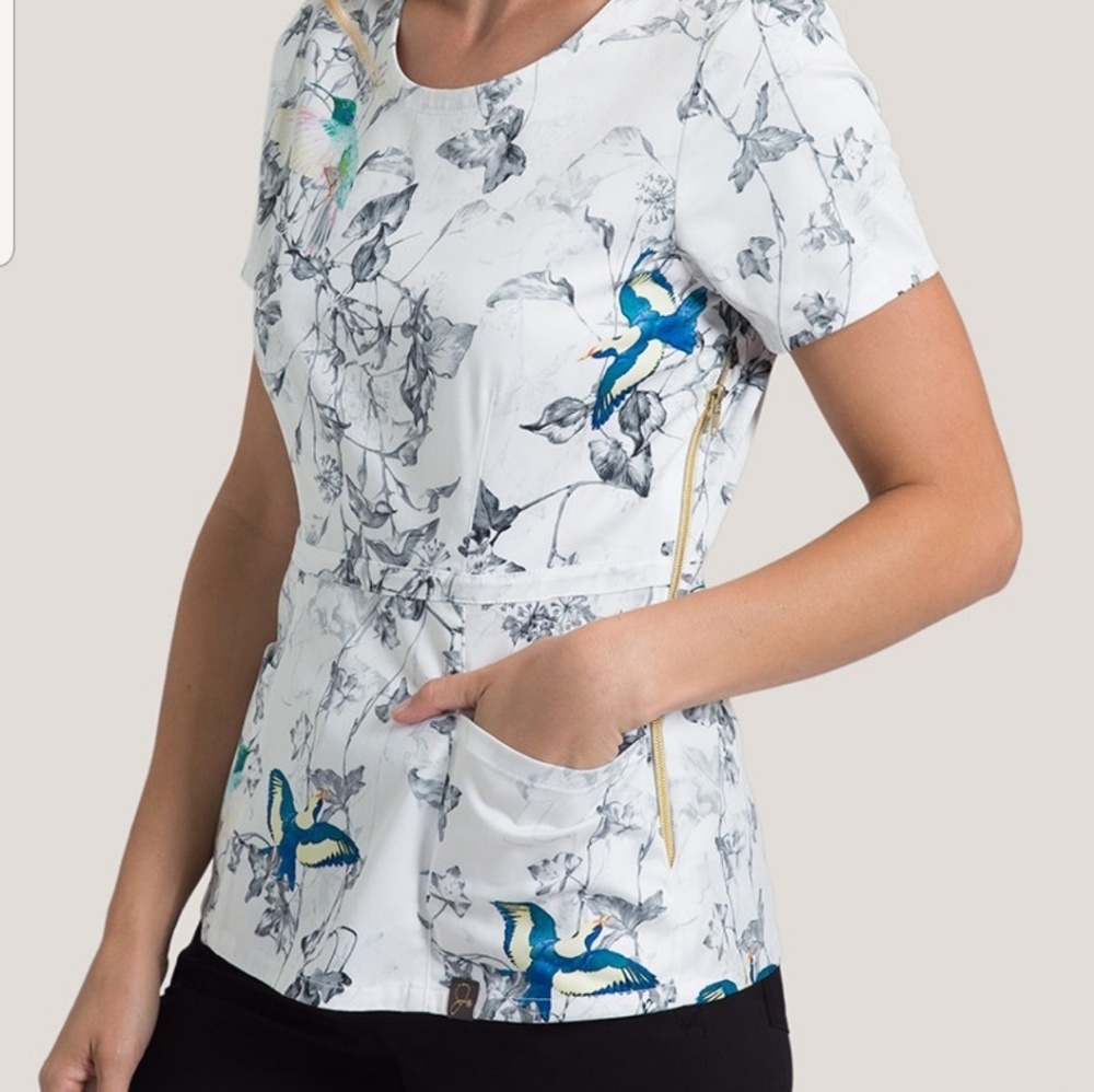 Jaanuu Spring Meadow Peplum Scrub Top